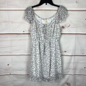 Chocolate Dress Juniors L Floral Cap Sleeve Tie Neck Mini Elastic Waist Pullover